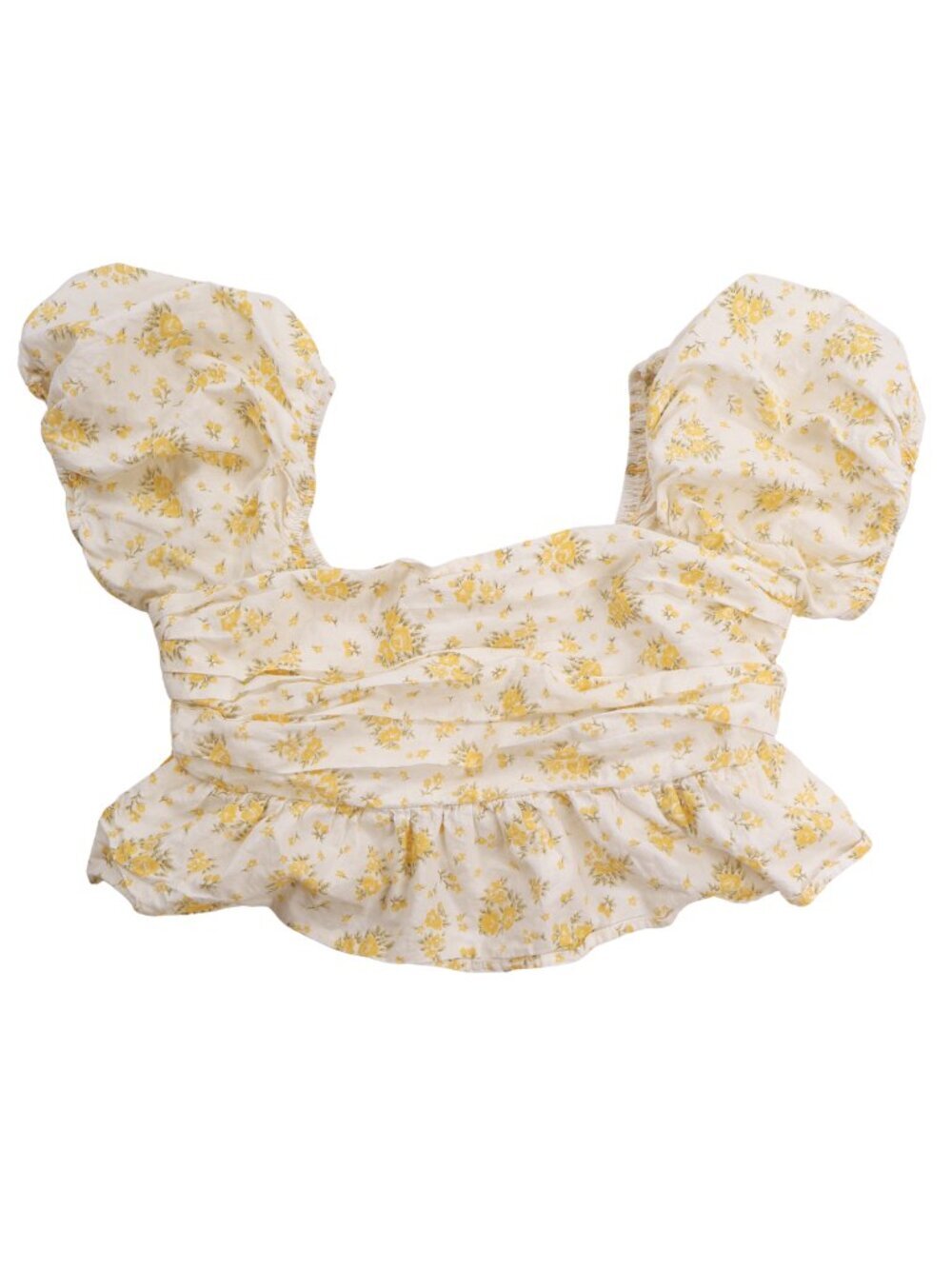 Alter'd State Yellow Floral Puff Sleeve Peplum Crop Top L Cottagecore